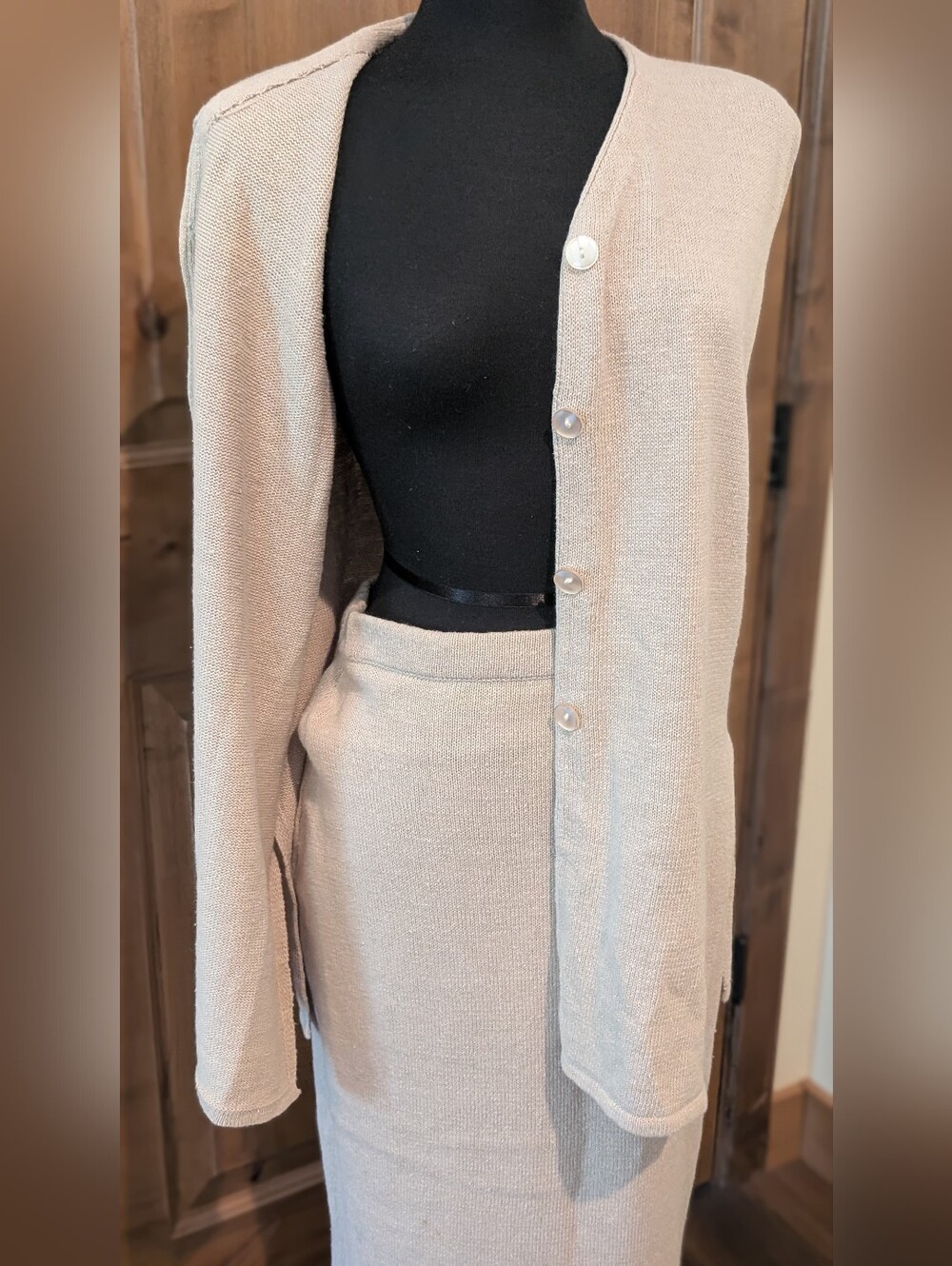 Version Originale Taupe Cotton Two-Piece Knit Button Vest Maxi Skirt Set Sz S/M - Picture 5 of 10